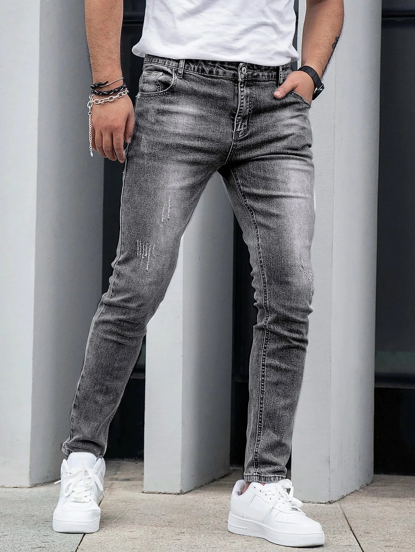 Men's Four-Season Snowflake Washed Fashion Jeans, Stretch Slim Fit Light Gray Dark Black Casual Denim Pants, Normcore and Fashionable, Suitable for Everyday Wear