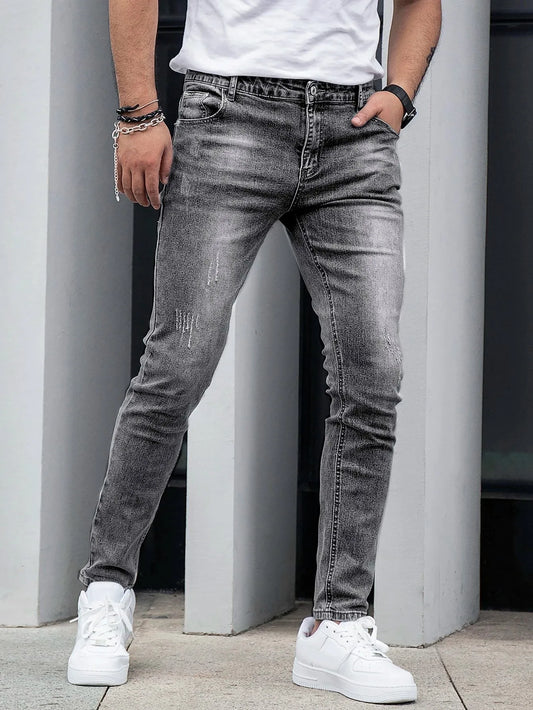 Men's Four-Season Snowflake Washed Fashion Jeans, Stretch Slim Fit Light Gray Dark Black Casual Denim Pants, Normcore and Fashionable, Suitable for Everyday Wear