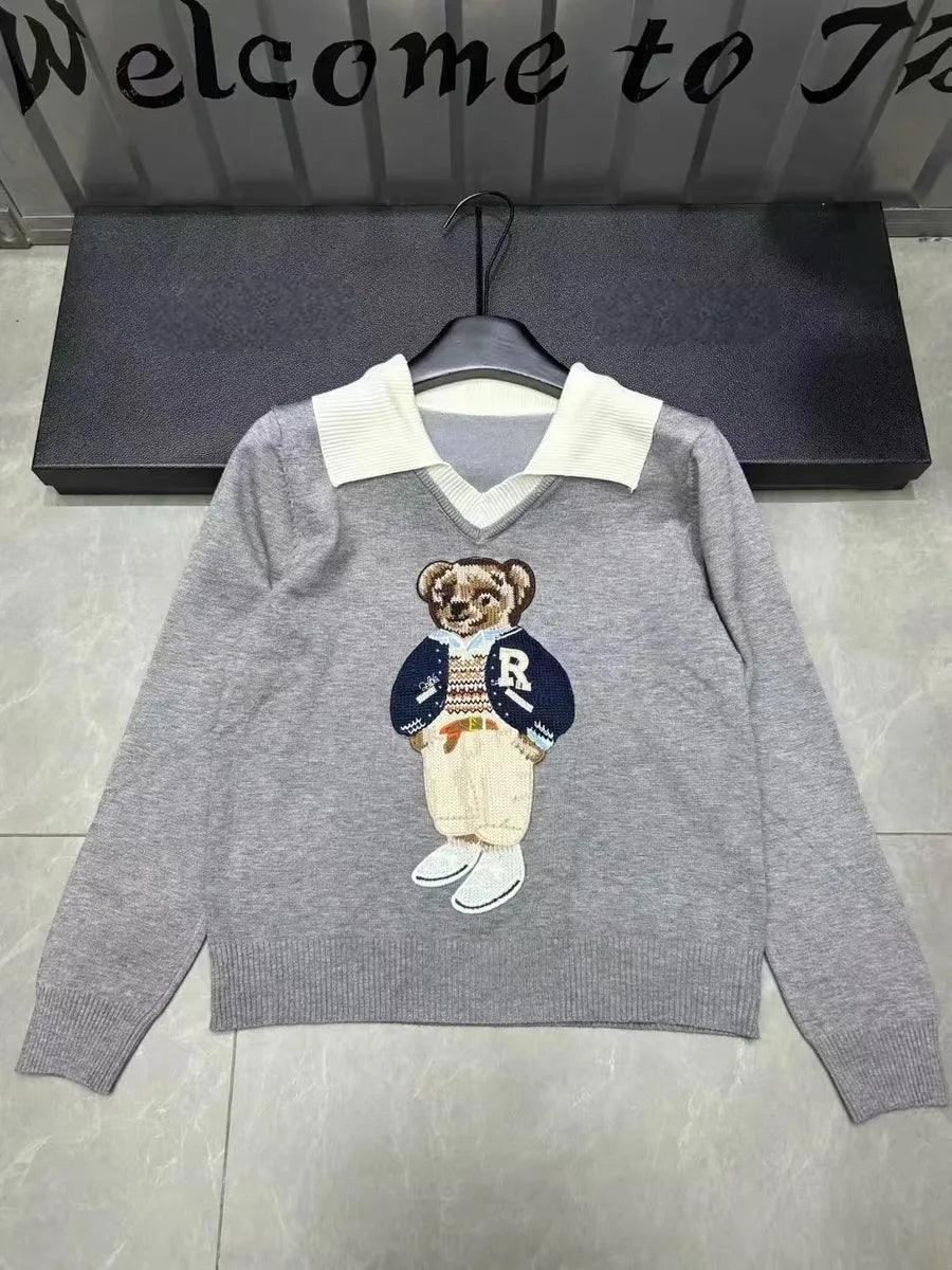 Knitted Sweater Women Design Bear Cartoon Embroidery Long Sleeve Pullover Tops Jumper Autumn
