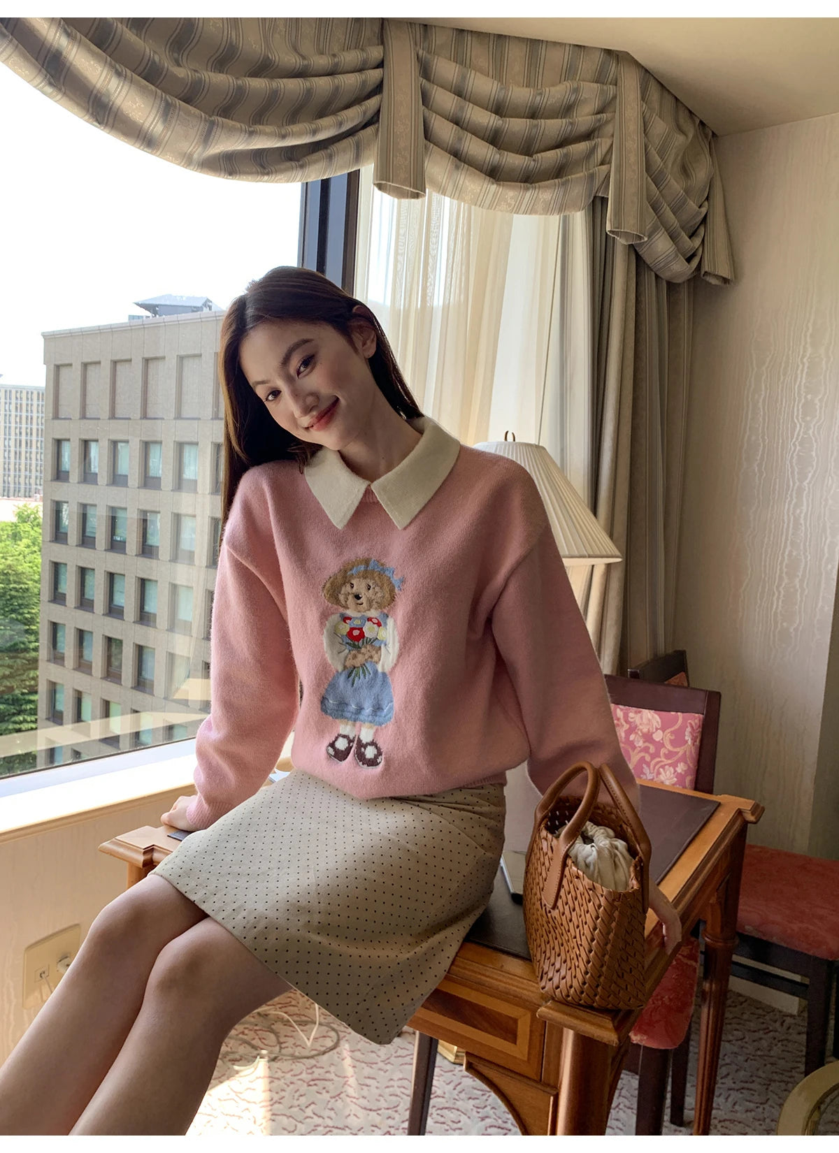 High Quality French Vintage Luxury Bear Jacquard Sweater For Women Autumn New Fashion Korean Casual Loose Pullover Knitted Tops