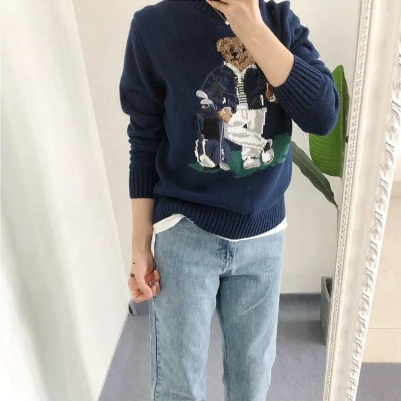 Autumn Fashion Cartoon Embroidered Wool Jumpers Women Kawaii Bear  Cashmere Sweater Preppy Loose Long Sleeved Knitted Pullover