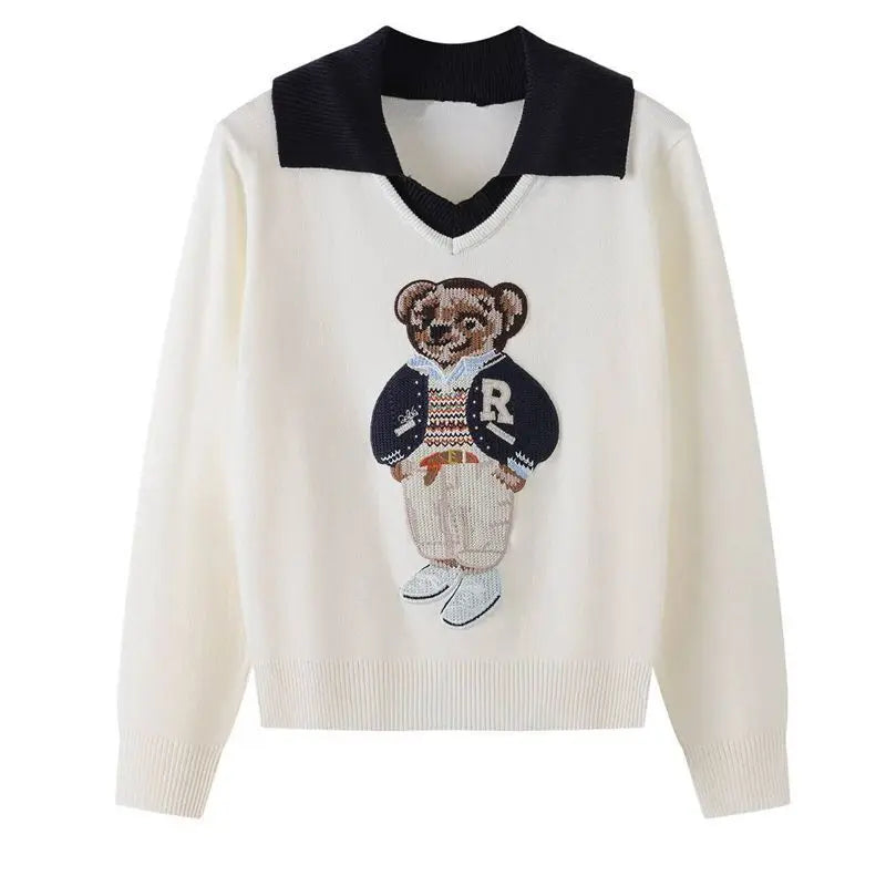 High Quality Light Luxury French Bear Embroidered Knitted Cardigan For Women New Fashion Casual Loose Sweater Coats Pulls Femmes