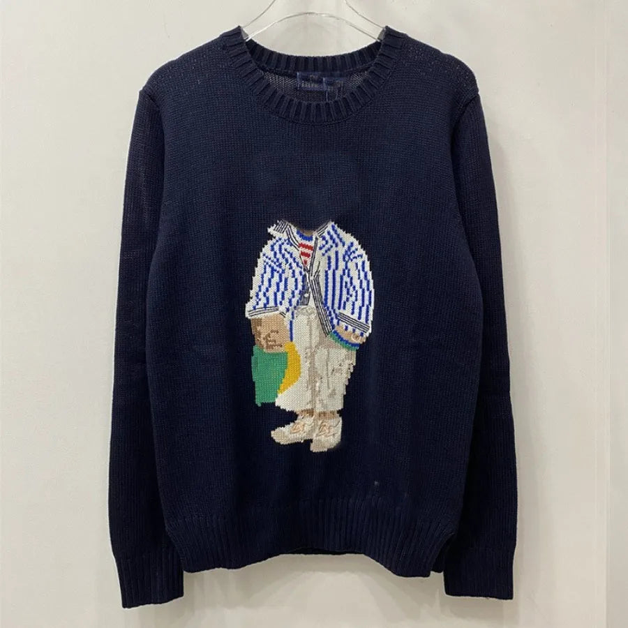 Soft Cotton Knit Sweater Women's Bear Embroidery Round Neck Top Autumn Winter Comfortable Wear Casual Embroidery Pullover