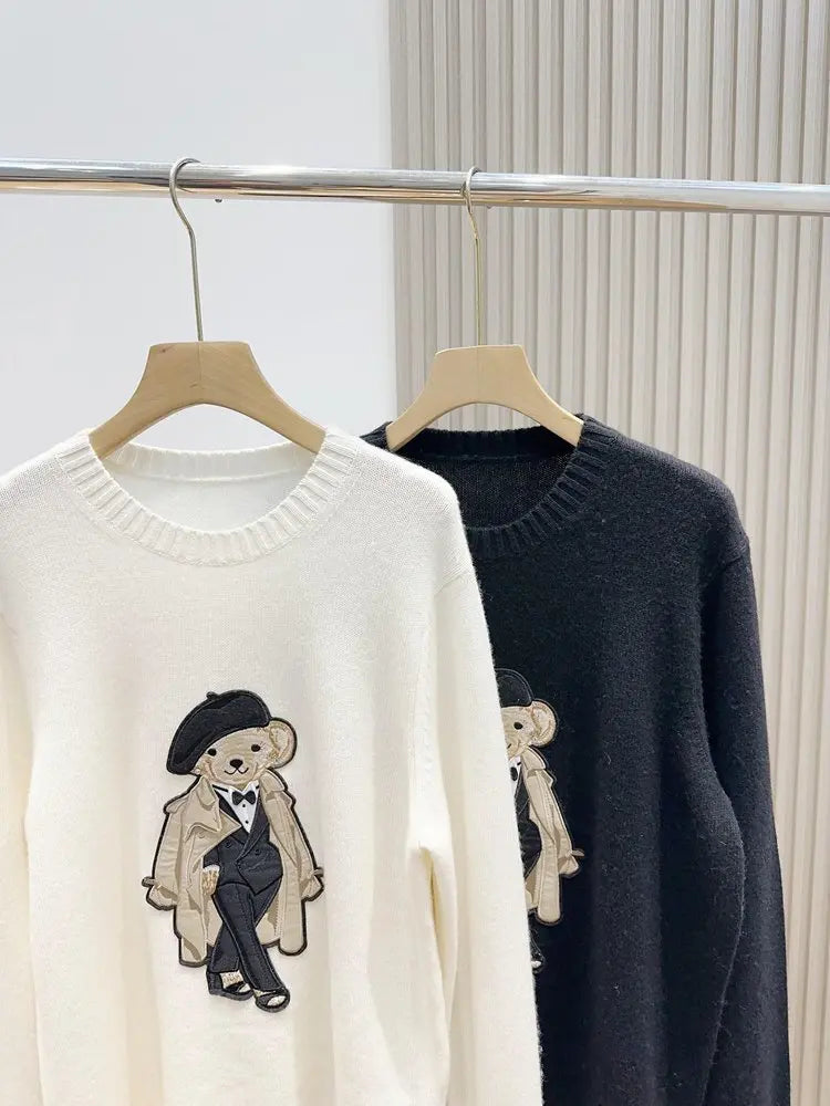 European Style Luxury Brand Loose O-Neck Bear Pullover Tops Knitwear Woman Long Sleeve T-shirt Ladies Wool Knitted Sweater Tops