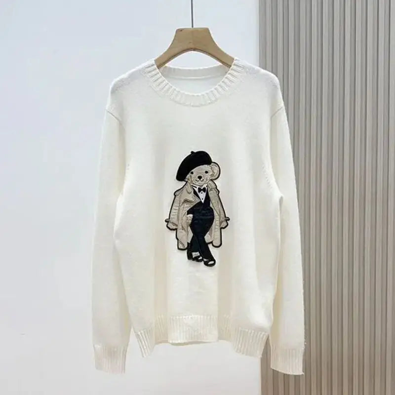 European Style Luxury Brand Loose O-Neck Bear Pullover Tops Knitwear Woman Long Sleeve T-shirt Ladies Wool Knitted Sweater Tops