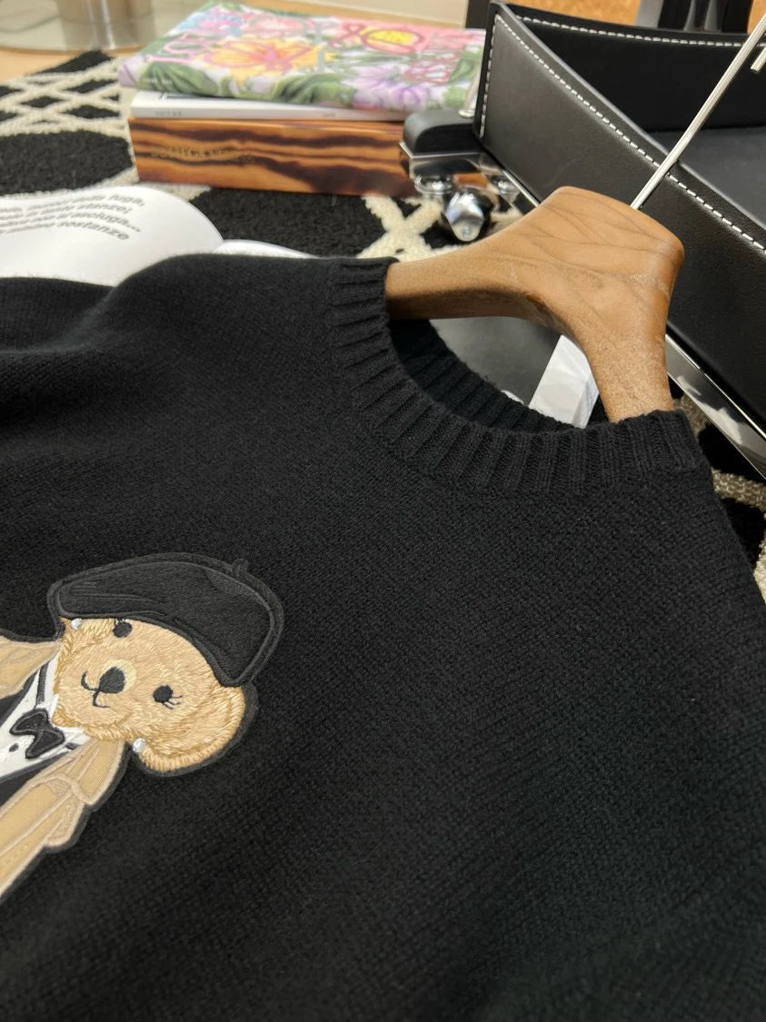 European Style Luxury Brand Loose O-Neck Bear Pullover Tops Knitwear Woman Long Sleeve T-shirt Ladies Wool Knitted Sweater Tops