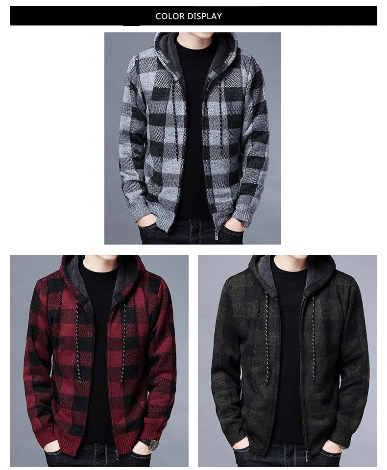 Sweater Jacket Fashion Winter Coat Fleece Hoodies High Quality Luxury Checkered Hooded Knit Cardigan Male Outer Wear