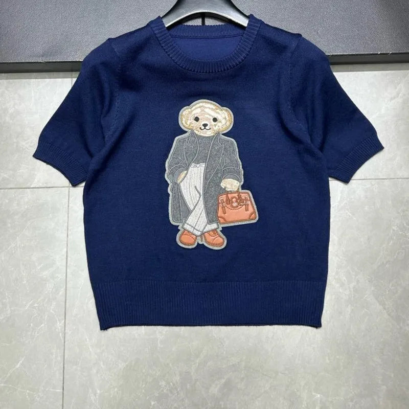 European Style Luxury Brand Loose O-Neck Bear Pullover Tops Knitwear Woman Short Sleeve T-shirt Ladies Wool Knitted Sweater