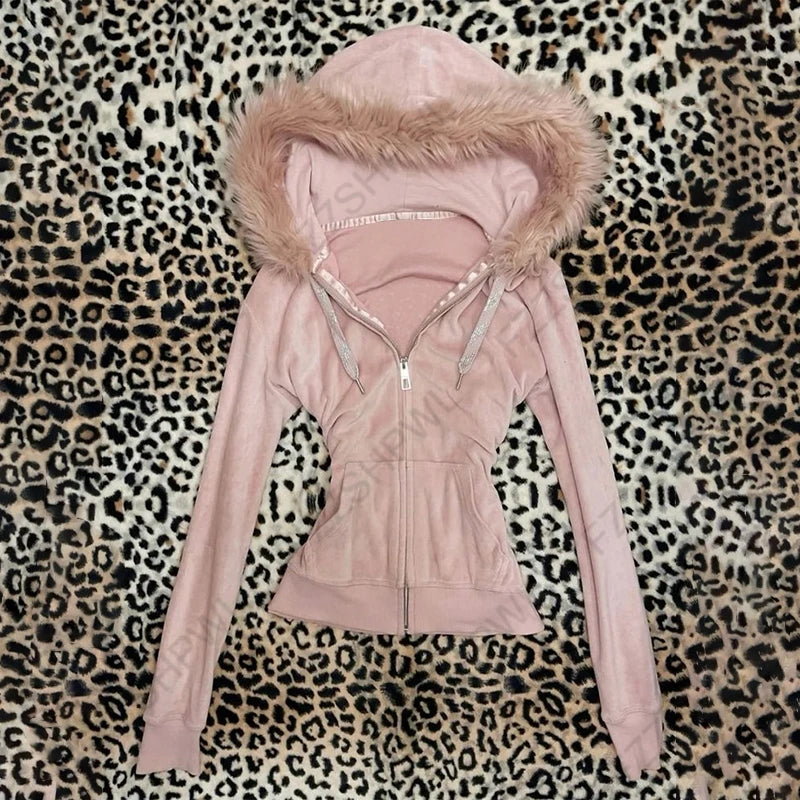 Hoodies Women's 2025 Gothic Aesthetic Autumn Winter Fur Collar Hoodie Casual Slim Chic Design Cardigan Sweatshirt 2000s Harajuku Clothes