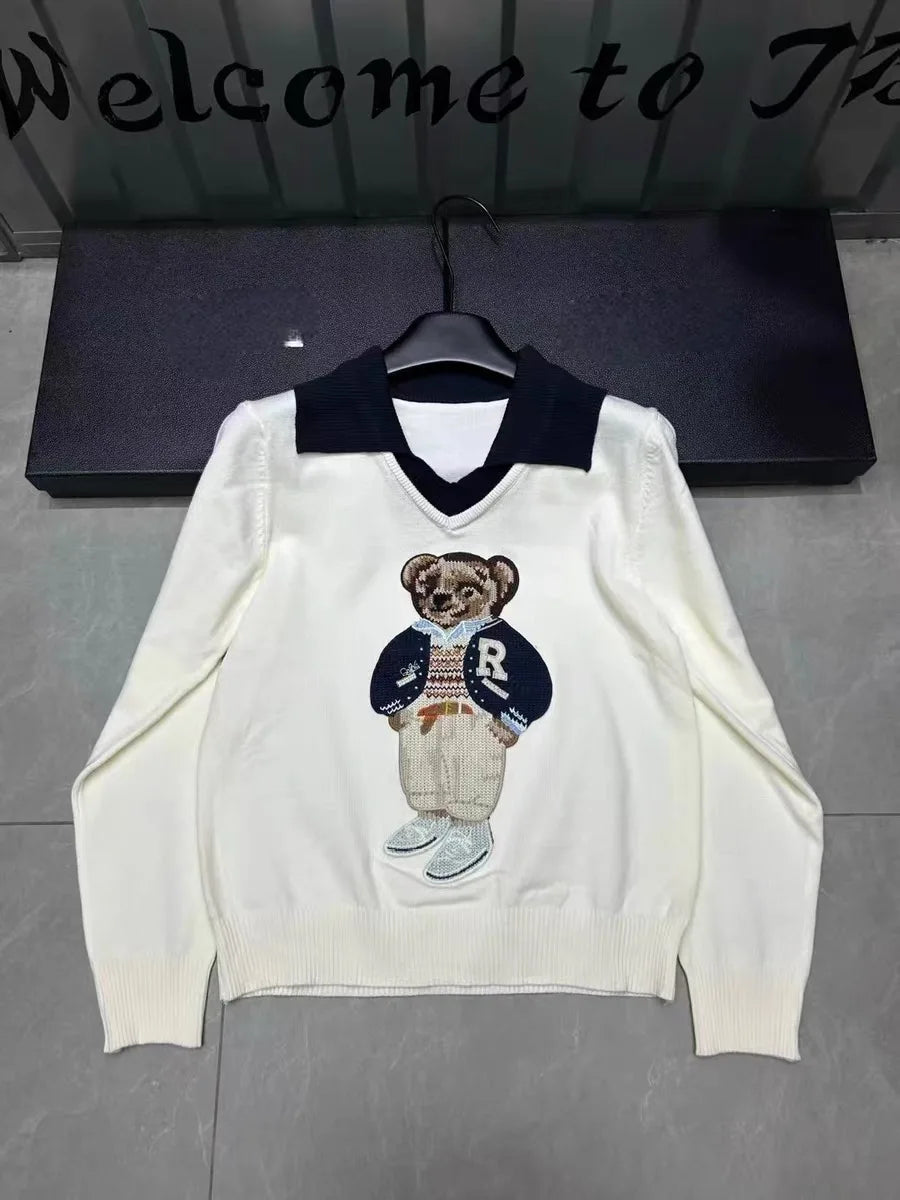 Knitted Sweater Women Design Bear Cartoon Embroidery Long Sleeve Pullover Tops Jumper Autumn