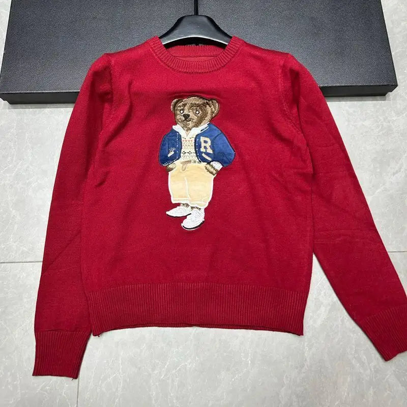 European Style Luxury Loose O-Neck Bear Pullover Women Autumn Winter Fashion Womens Tops Casual Ladies Knitted T-shirt Sweater