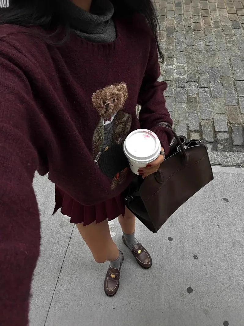 New autumn and winter RL bear cashmere round neck knitted long sleeved fashionable wool embroidered bear cartoon sweater