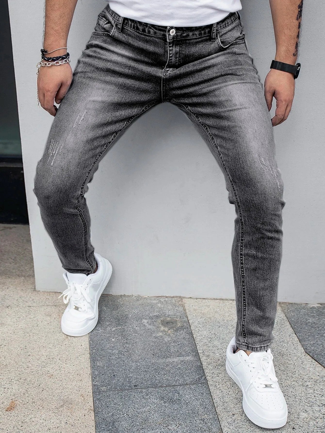 Men's Four-Season Snowflake Washed Fashion Jeans, Stretch Slim Fit Light Gray Dark Black Casual Denim Pants, Normcore and Fashionable, Suitable for Everyday Wear