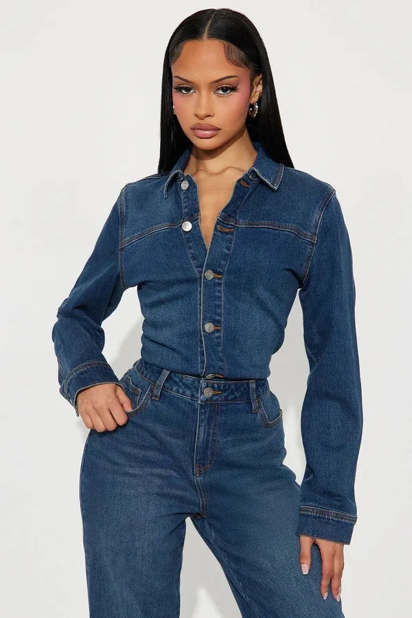 Newly Jeans Stretch Jumpsuit Sexy Women Turn Down Collar Elegant Denim Straight Romper Overalls