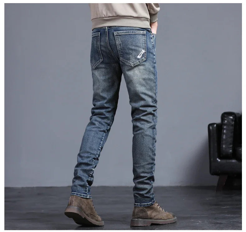 Men's Vintage Jeans Korean Fashion Slim Little Feet Embroidered Trousers Stretch Male Streetwear Denim Pants