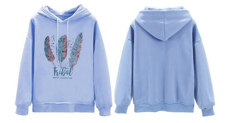 Hoodies Women Fashion Feather Printed Hoodies Autumn Winter Plus Velvet Casual Loose Sweatshirt