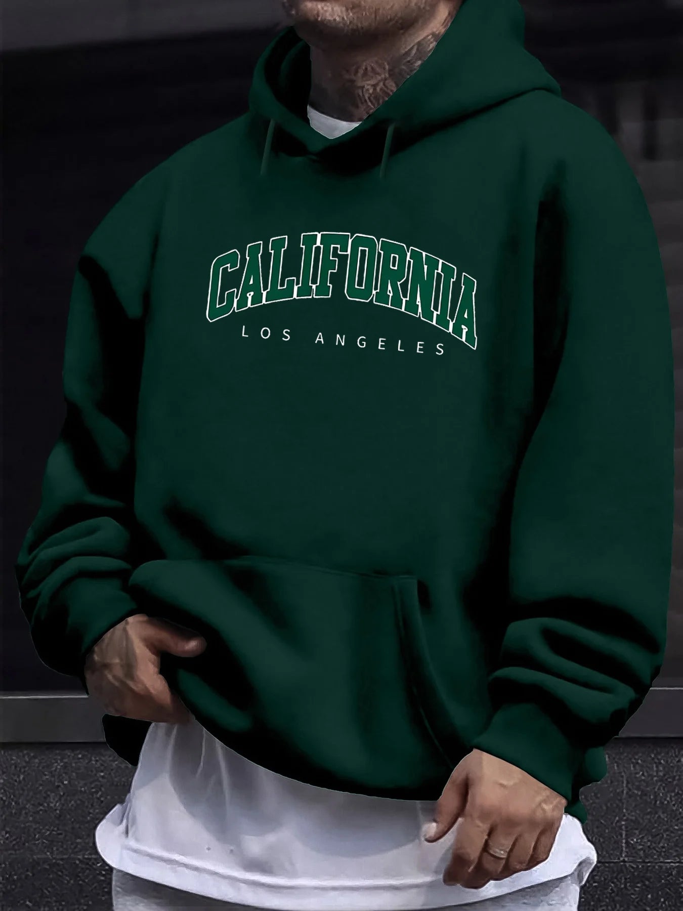 Men's autumn and winter casual fashion loose hooded sweatshirt California Los Angeles letter printed long sleeved warm pullover