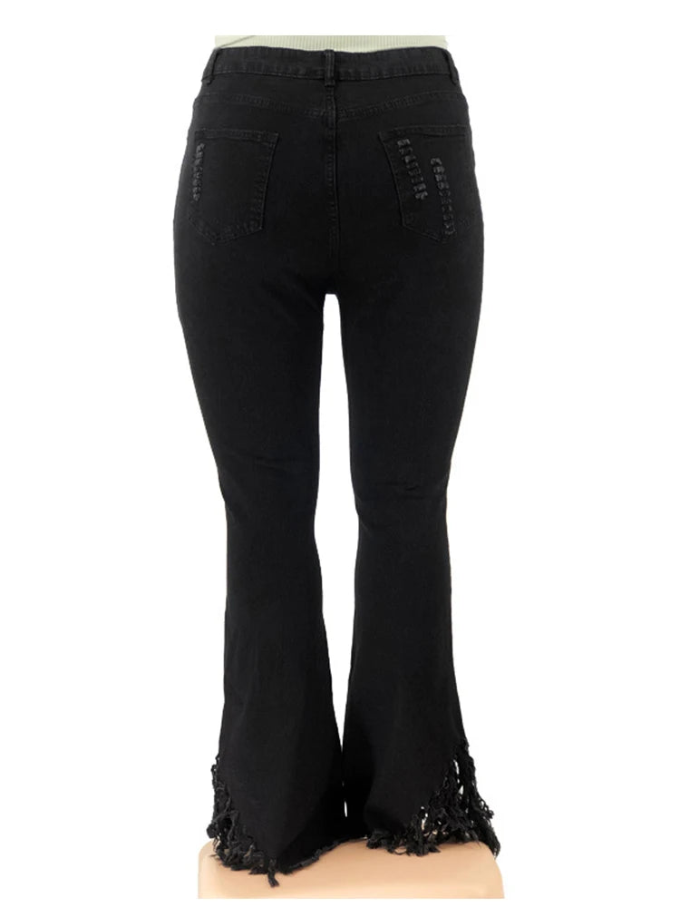 Pus Size  Ladies Jeans High Waist Woman Tassel Vintage Jeans Ripped Plus Size Fashion Elegant Flared Jeans Wholesale Dropshipping