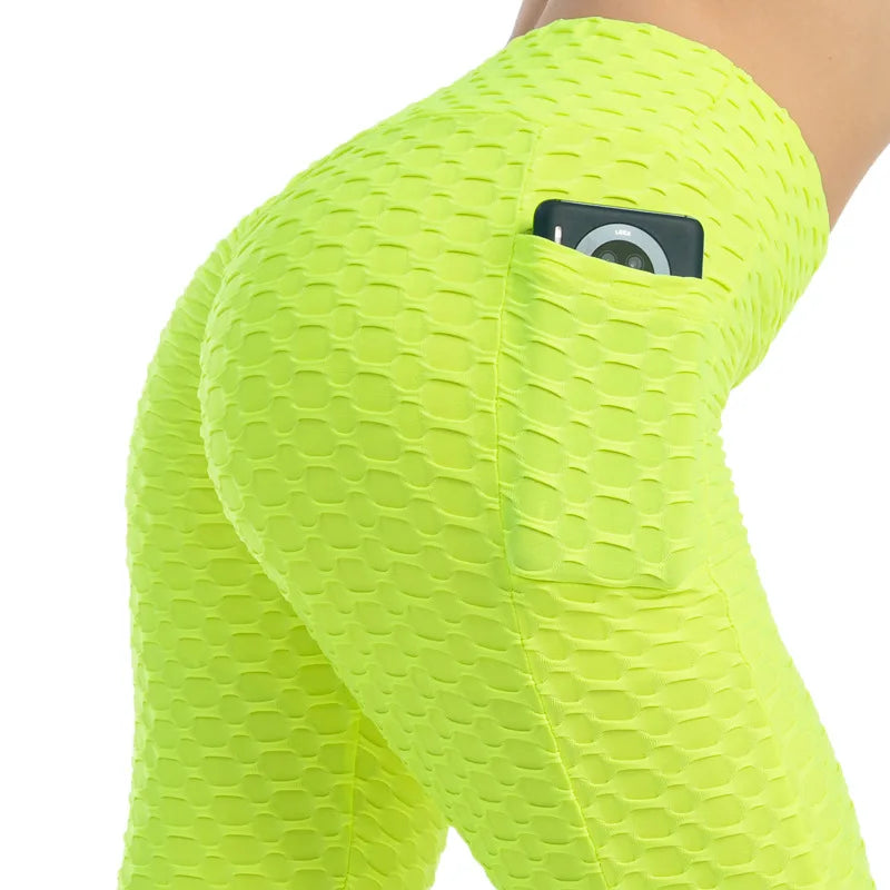 Leggings Women Fashion Pocket Bubble Pants Stretchy Slim Leggings Gym Running Cycling Fitness Pants High Waist Hip Lift Leggings Female