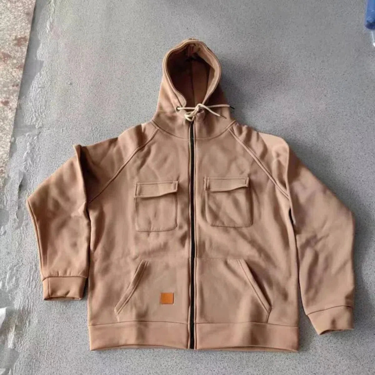 JUMPER Solid-Color Zipper Pullover Hooded Sweater Casual Loose Street-Style Multi-Pocket Hooded Sports Coat