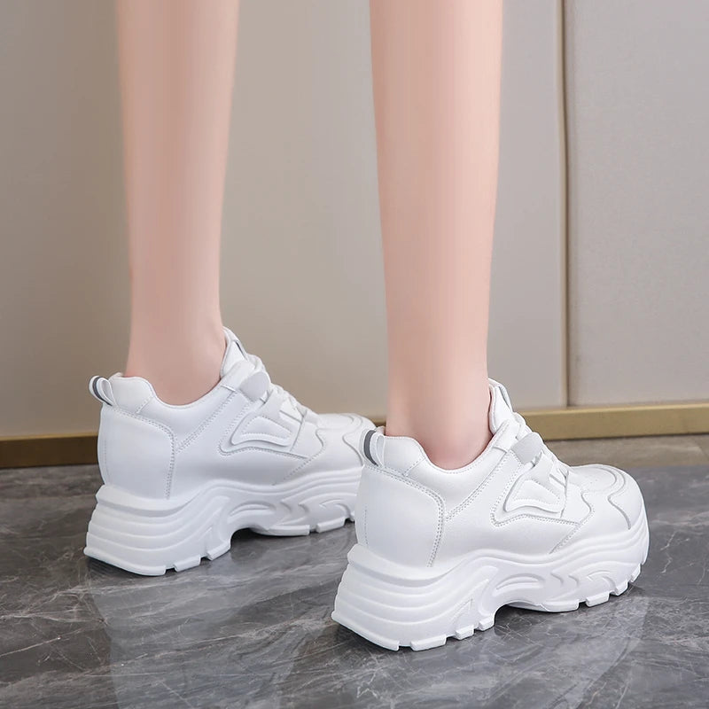 Women Sneakers Lace-Up Thick Bottom Vulcanize Shoes Woman Pu Leather Breathable Sports Shoes Ladies