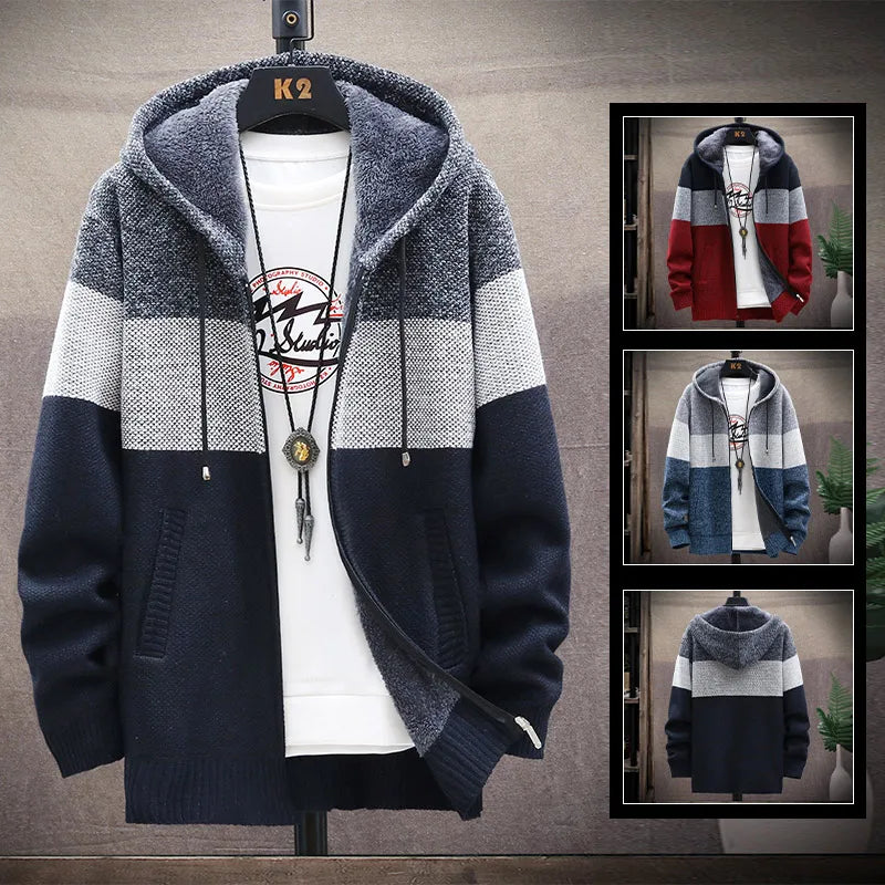 Sweater Fleece Coat Striped Jackets Fashion Hoodies Winter Autumn Thick Warm Windbreaker Pullovers Male Clothing