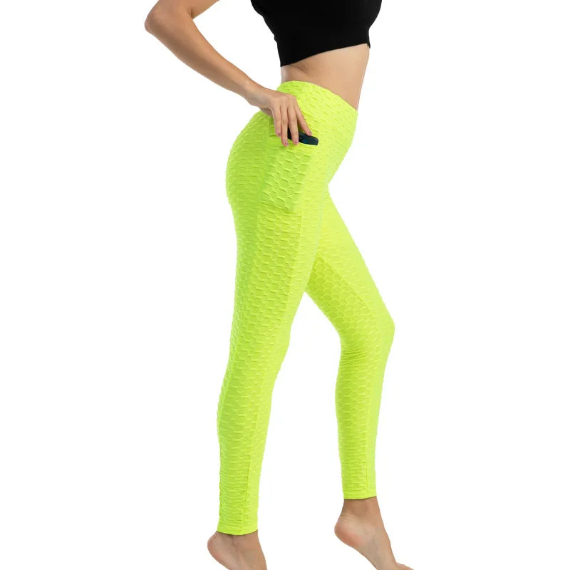 Leggings Women Fashion Pocket Bubble Pants Stretchy Slim Leggings Gym Running Cycling Fitness Pants High Waist Hip Lift Leggings Female
