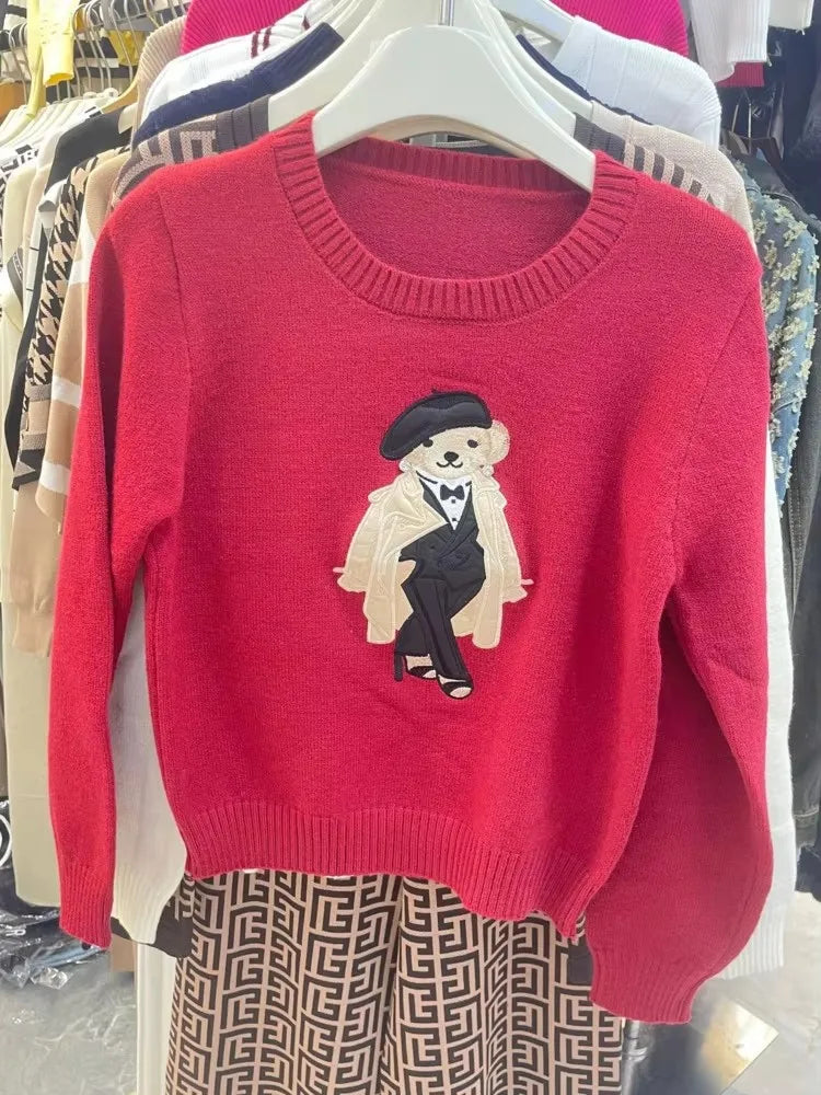 European Style Luxury Brand Loose O-Neck Bear Pullover Tops Knitwear Woman Short Sleeve T-shirt Ladies Wool Knitted Sweater