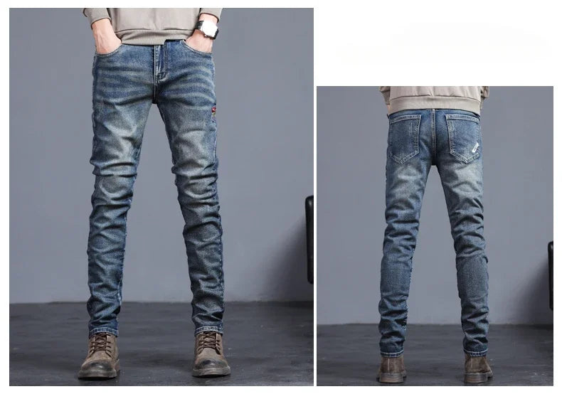 Men's Vintage Jeans Korean Fashion Slim Little Feet Embroidered Trousers Stretch Male Streetwear Denim Pants