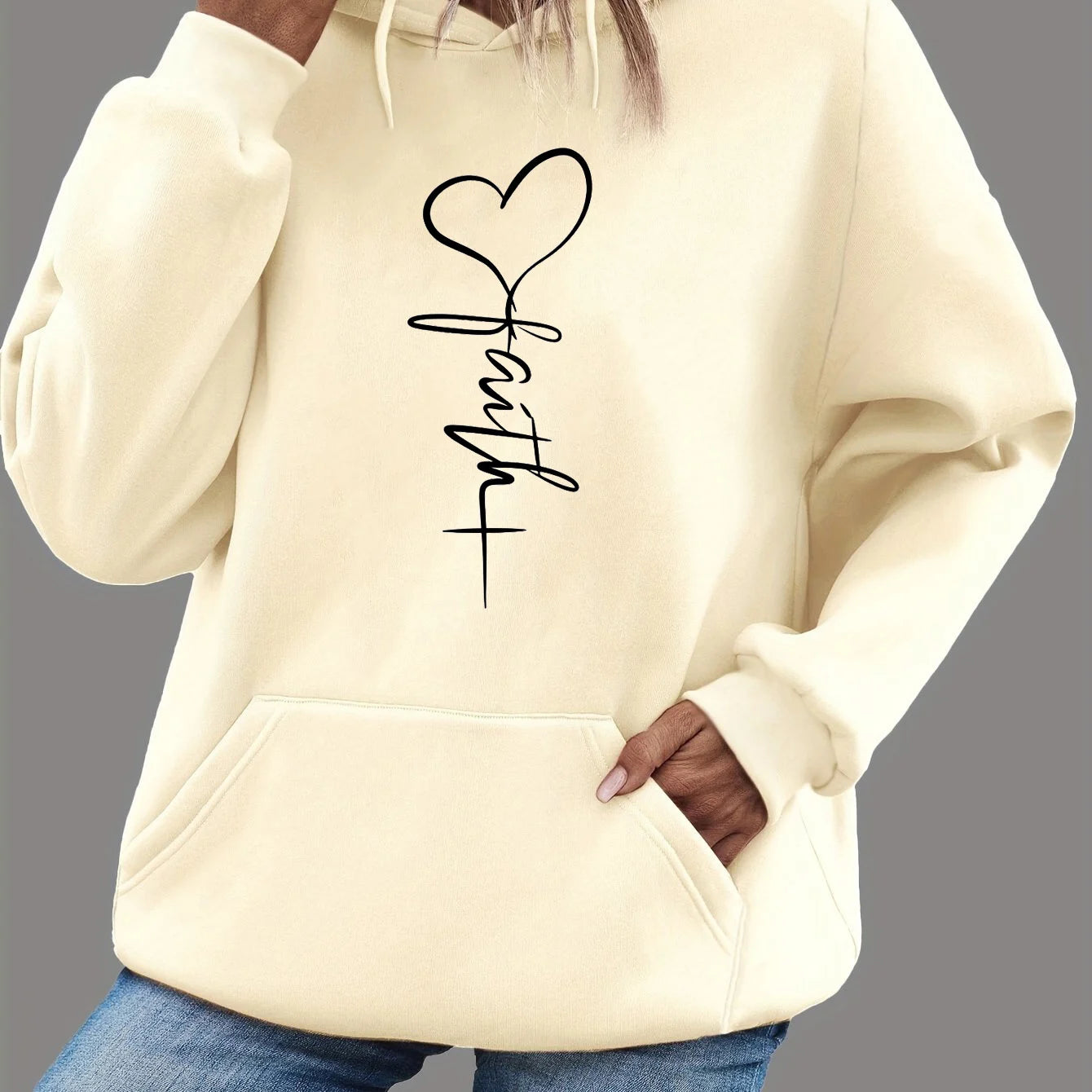 Women's autumn and winter warm and loose casual heart-shaped cross pattern printed velvet long sleeved hooded sweatshirt