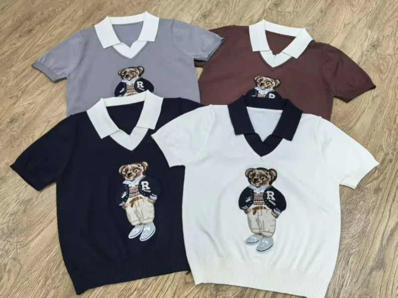 Cartoon Bear Thin Knit Pullover Women 2026 New Summer Short Sleeve Sweater Jumper Cropped Tops Fashion Women's Clothes