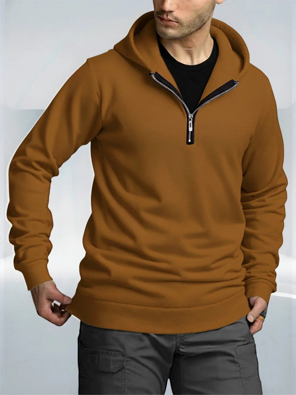 Men's Quarter Zip Up Hoodies Autumn Warm Long Sleeve Sweatshirt Fashion Street Casual Pullover Solid Color Basic Men Clothing