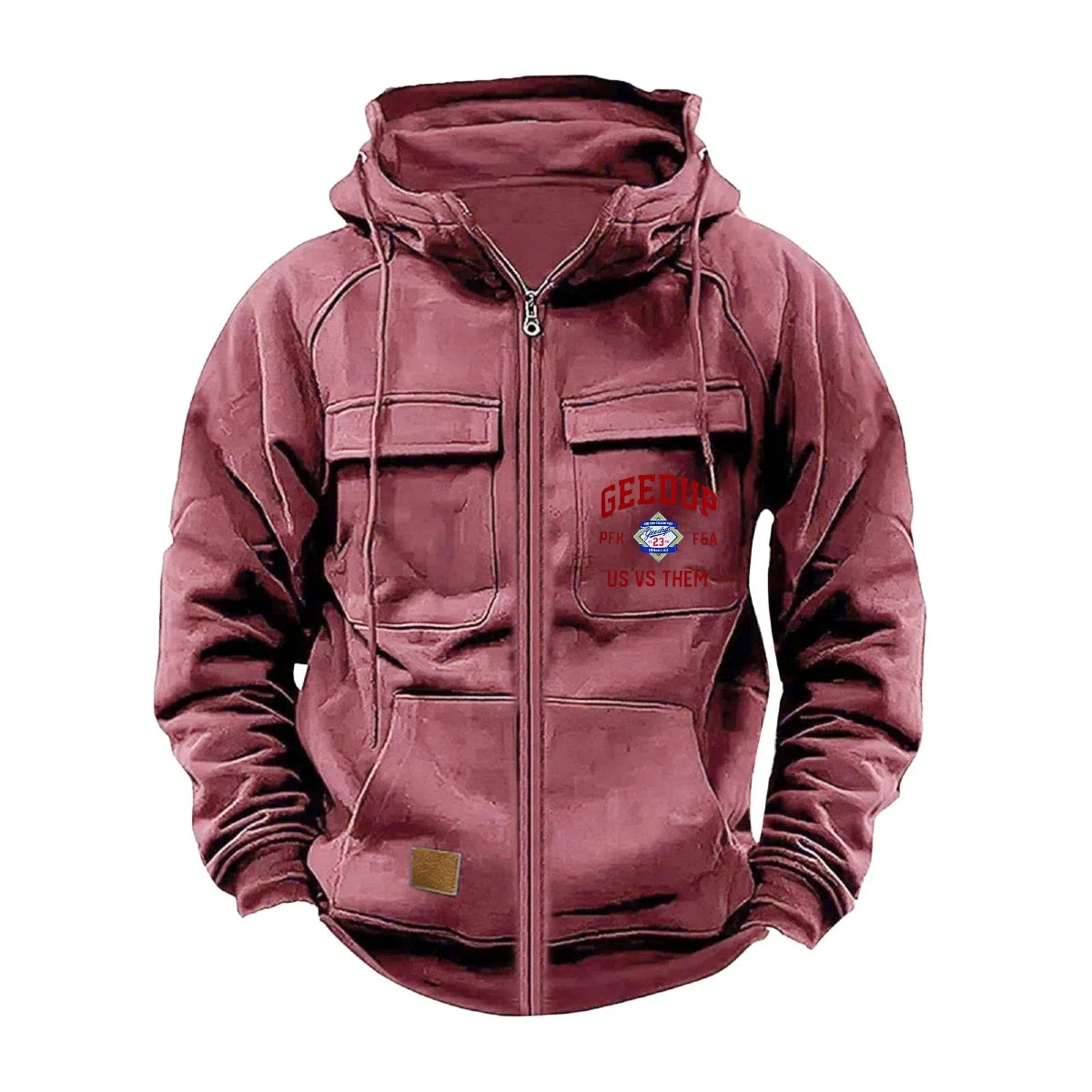 JUMPER Solid-Color Zipper Pullover Hooded Sweater Casual Loose Street-Style Multi-Pocket Hooded Sports Coat