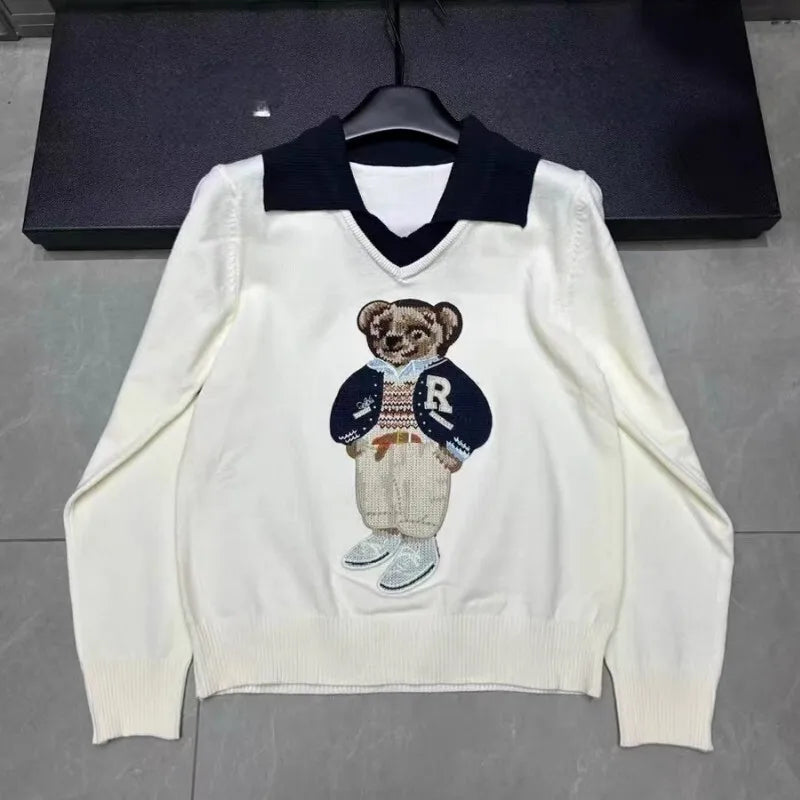 High Quality French Knitted Sweater Women Bear Cartoon Embroidery Long Sleeve Pullover Tops Jumper Korean Fashion Ladies Clothes