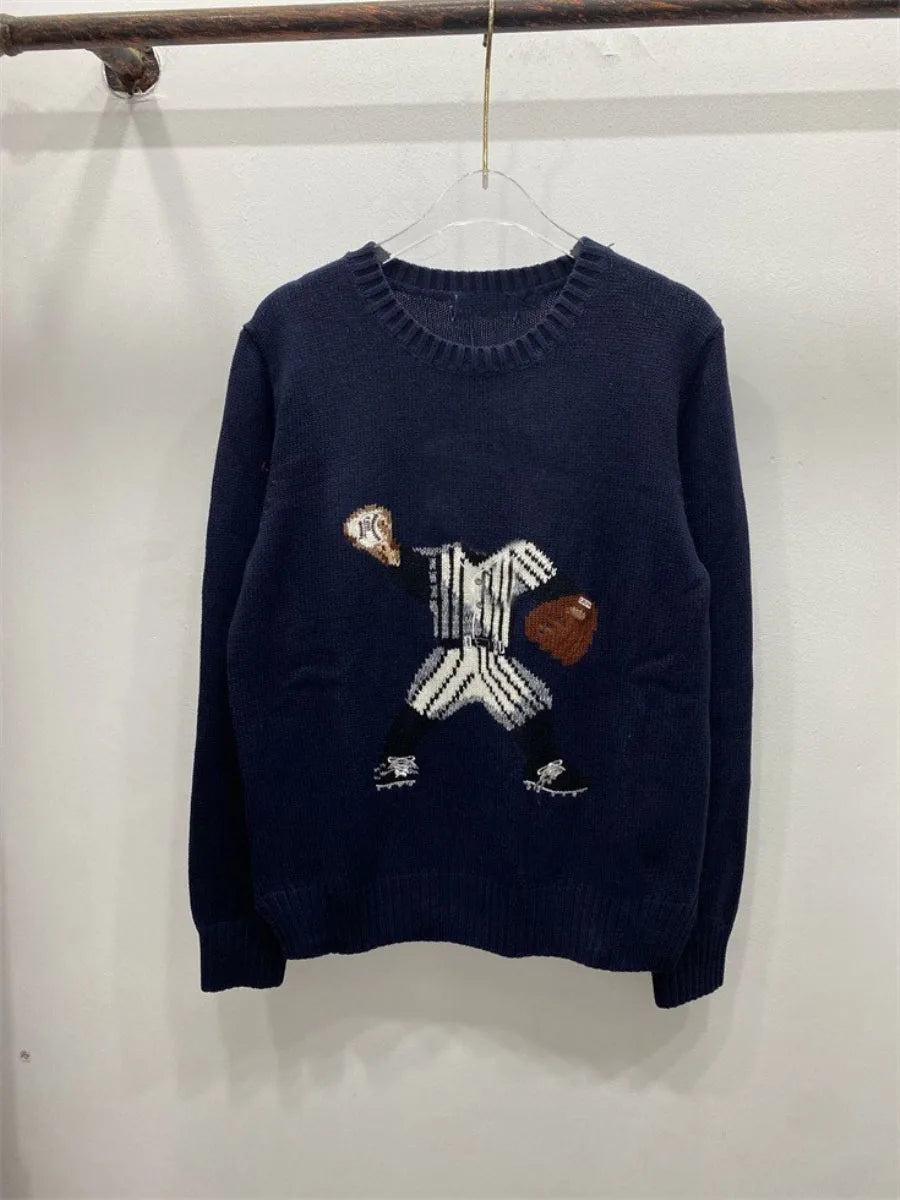 Soft Cotton Knit Sweater Women's Bear Embroidery Round Neck Top Autumn Winter Comfortable Wear Casual Embroidery Pullover