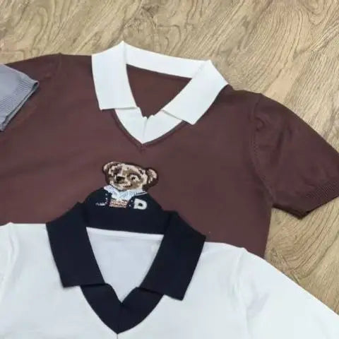 Cartoon Bear Thin Knit Pullover Women 2026 New Summer Short Sleeve Sweater Jumper Cropped Tops Fashion Women's Clothes