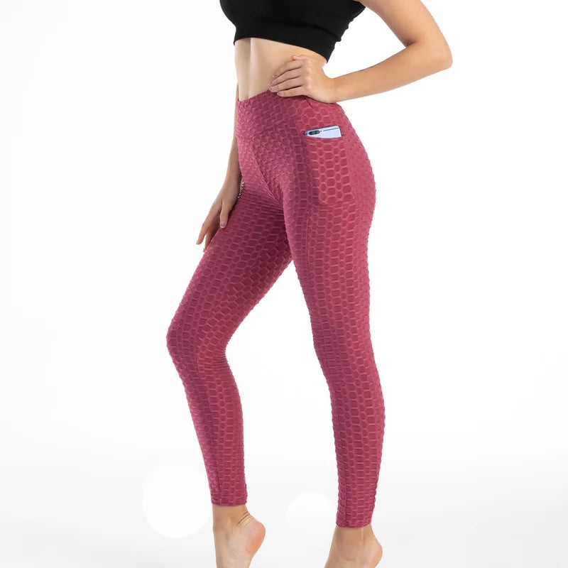 Leggings Women Fashion Pocket Bubble Pants Stretchy Slim Leggings Gym Running Cycling Fitness Pants High Waist Hip Lift Leggings Female