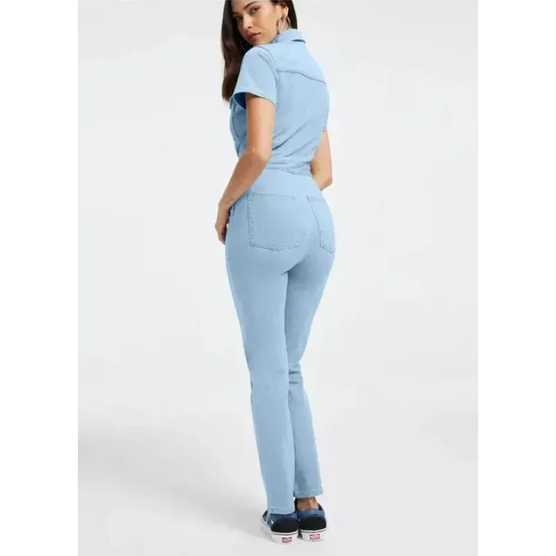 Fashion Jeans Plus Size Denim Jump Suits for Women Slim Short Sleeve Turn Down Collar Overalls Rompers Female One-piece Pants