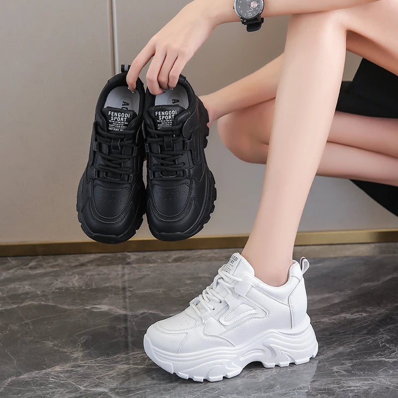 Women Sneakers Lace-Up Thick Bottom Vulcanize Shoes Woman Pu Leather Breathable Sports Shoes Ladies
