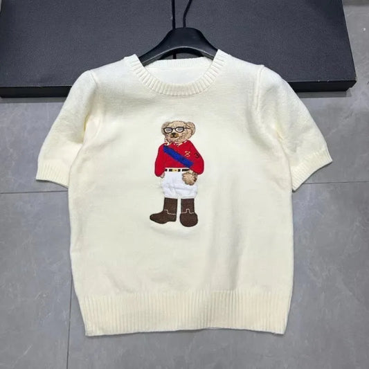 European Style Luxury Brand Loose O-Neck Bear Pullover Tops Knitwear Woman Short Sleeve T-shirt Ladies Wool Knitted Sweater