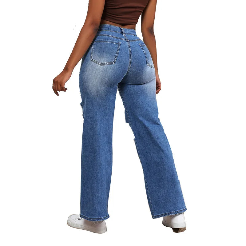 High Waist Ripped Jeans for Women European Straight Leg Blue Cotton High Elastici Faionable Tear Jeans Women's High Waist