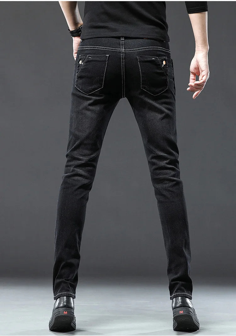 Men's Designer Jeans Snowflake Grey Wash Korean Fashion Stretch Pants Multi-button Denim Trousers