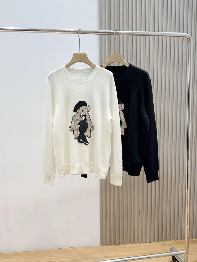 European Style Luxury Brand Loose O-Neck Bear Pullover Tops Knitwear Woman Long Sleeve T-shirt Ladies Wool Knitted Sweater Tops