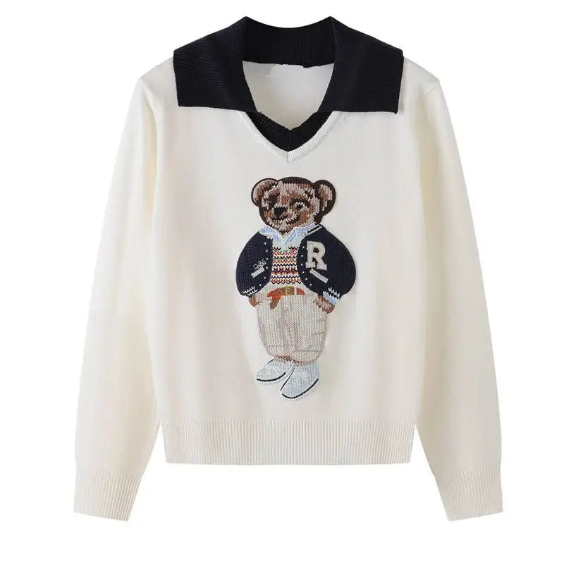European Style Luxury Brand Loose O-Neck Bear Pullover Tops Knitwear Woman Short Sleeve T-shirt Ladies Wool Knitted Sweater