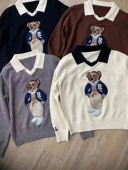 High Quality French Knitted Sweater Women Bear Cartoon Embroidery Long Sleeve Pullover Tops Jumper Korean Fashion Ladies Clothes