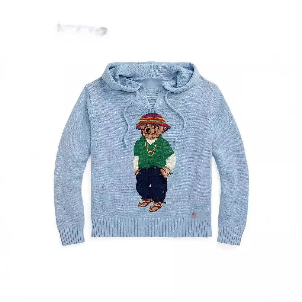 Classic American Style Women's Knitted Sweater Cotton Loose Fit Hoodie Embroidered Bear Anti-Aging Fashionable All-Match