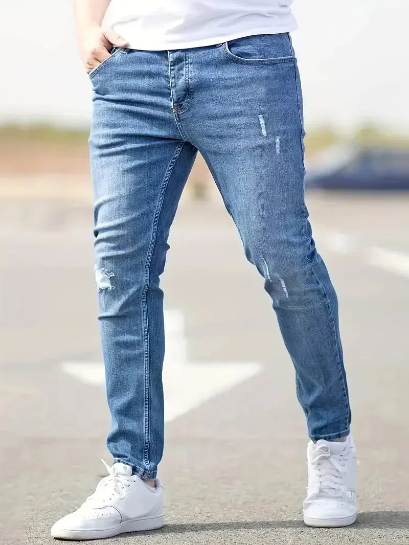 Men's Stretch Slim Fit Jeans Zipper Casual Streetwear Pants Classic Black Blue Skinny Trousers Designer Denim Clothes