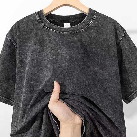 Men Short Sleeve 230G Heavy Cotton Vintage Washed T-Shirts Oversized Short Sleeve Loose Streetwear Short Sleeve Tops Tee