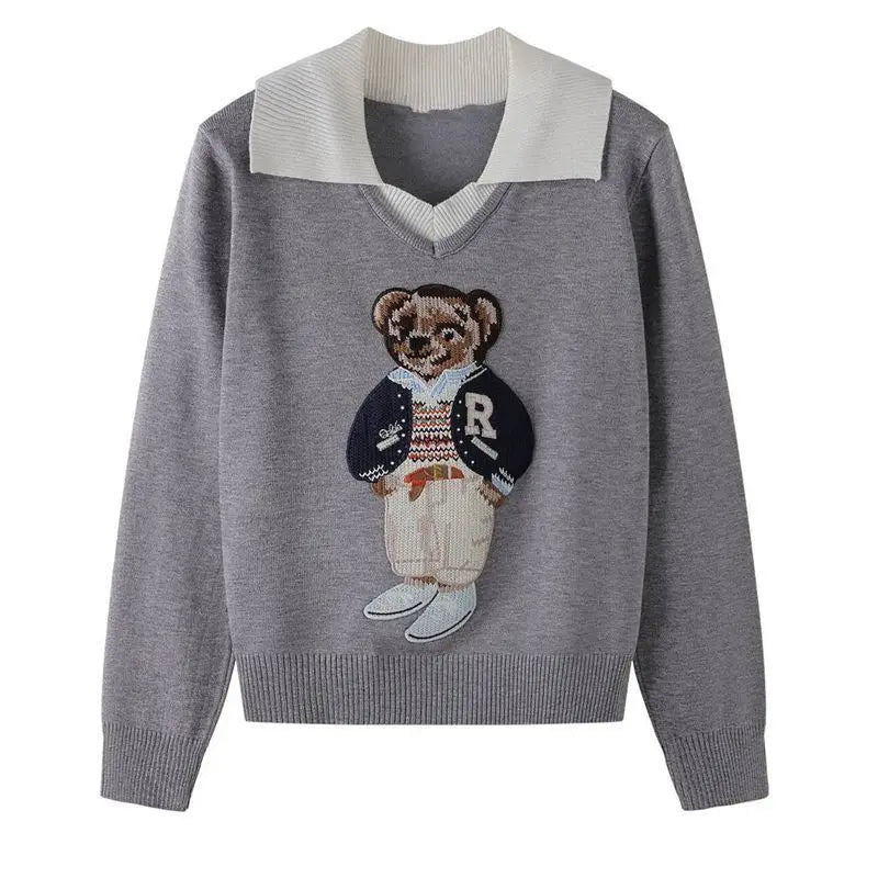 High Quality Fall Winter New Fashion Lazy Cartoon Bear Embroidery Loose Knitted Sweater Tops Women Casual Pullover Sweater Pull