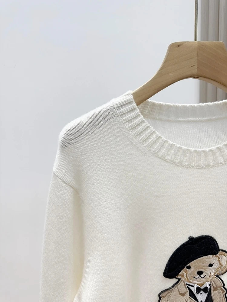 European Style Luxury Brand Loose O-Neck Bear Pullover Tops Knitwear Woman Long Sleeve T-shirt Ladies Wool Knitted Sweater Tops